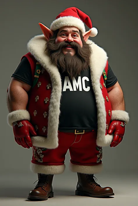 A cheeky Christmas elf with brown-grey beard, wearing a black t shirt with AMC in white text on the front. The elf should be wearing a matching elf hat, and have pointy ears. The body should be stocky, and the elf should also be wearing a festive elf waist...