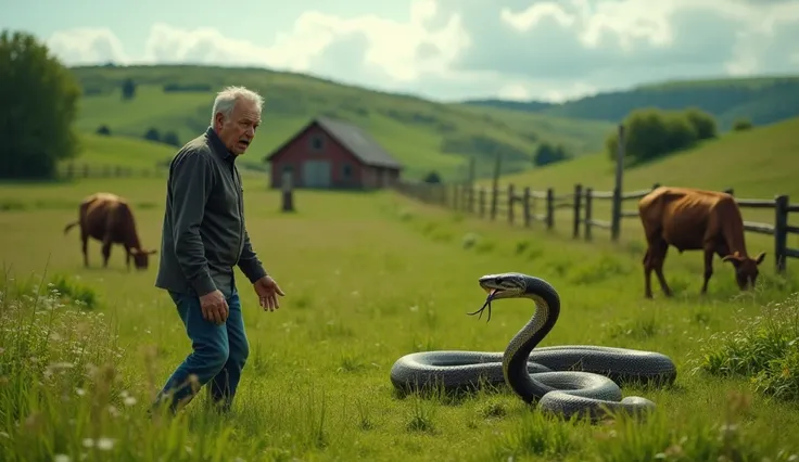 on a farm, in the pasture, scared man, seeing a snake, poisonous, cinematic, realistic, 4k