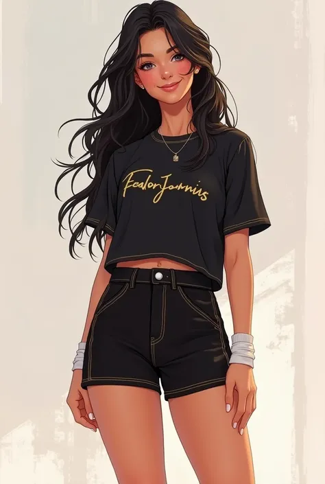 Create a drawing of a girl with a black t-shirt with gold, with black shorts and white socks 


