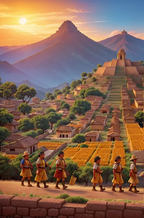 sunset, sky tinged with gold and orange, Aztec people leaving Aztlán, high mountains on the horizon , the prosperous land they are leaving behind, people gathered in groups, carrying simple belongings, En el centro de la imagen, Aztec priests lead the marc...