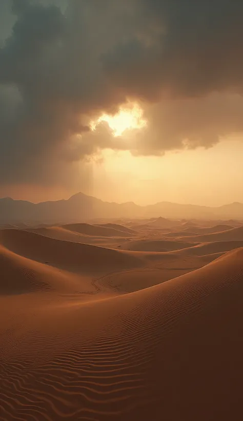 a vast and shadowy desert at dusk, with heavy clouds in the sky and a light sandstorm in the background, 8k, detailed, photorealistic, cinematic lighting, dramatic atmosphere, moody colors, warm tones, volumetric fog, detailed textures, intricate sand patt...