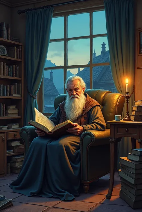 An old wizard, sitting in his chair, reading a book, the sun is setting, he has a pipe, he is happy, he has a long beard, very detailed, outside the window is a village, it’s night, messy room, chill, dark fantasy, looks drawn