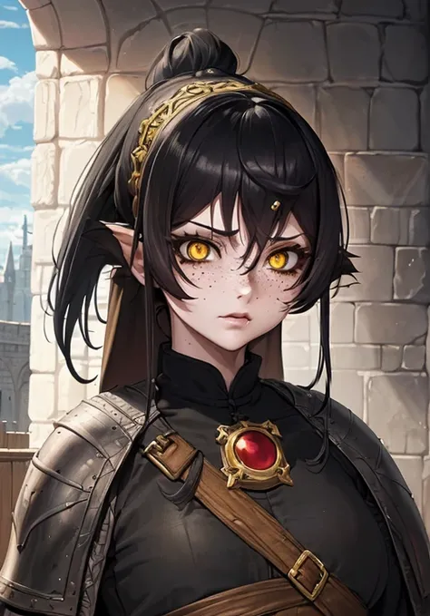 ((Fantasy Character. adult woman, with black hair and yellow eyes. Fair skin with freckles on nose and cheeks. A frightening look and expression. Woman in medieval clothing, White and black. Anime line medieval era.