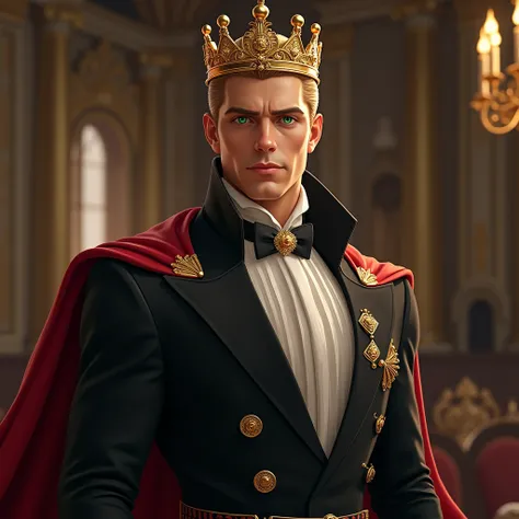 A handsome king with short blonde hair and emerald green eyes in a black and gold suit and crown 