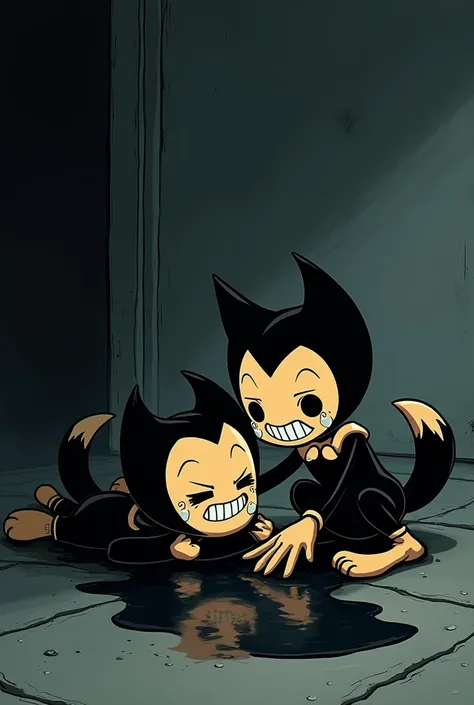 Bendy from the ink machine is lying on the floor crying next to him his friend Boris is trying to calm him down 