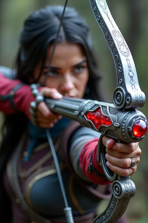 Silver crossbow with crimson details that has a red crystal decoration, a woman&#39;s face on the sides and she&#39;s shooting