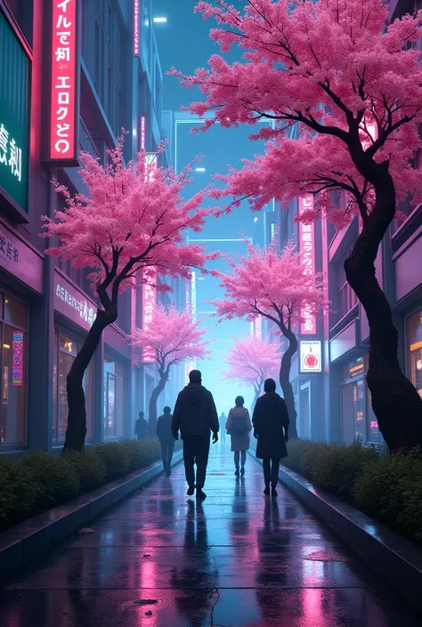 alley in Japan with cherry trees and neon lights, cyberpunk style 