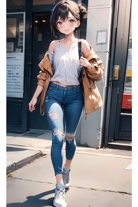 Best Quality, Super detailed, (Ultra-high resolution,8k), Ultra-high definition 4K, A casual outfit for a 20-something girl, wearing oversized denim jacket, white t-shirt, ripped jeans, and white sneakers. Shes carrying a small shoulder bag and has her hai...