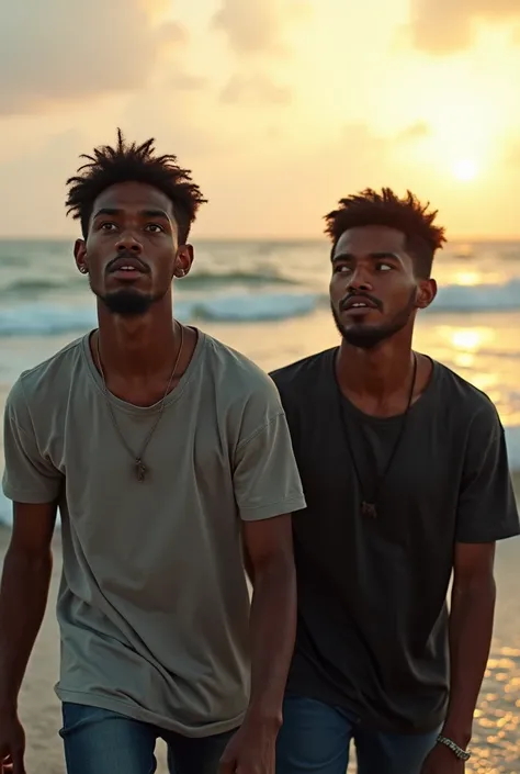 LuisitO y su AmigO: Imágenes de dOs jóvenes pescadOres adultOs negrOs, vestidOs de manera casual, quizás cOn rOpa de trabajO y caras que reflejen sOrpresa O valentía. You can search "jóvenes pescadOres" O "chicOs en la playa de TumacO al atardecer". 