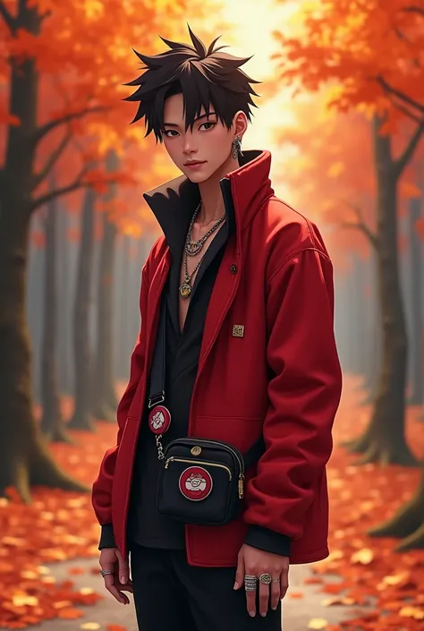 A young man in a modern outfit styled in red and black with a bag on the side with several Naruto buttons, His hands have rings and he wears a necklace and earrings. And the background with orange leaves and reddish environment, like on a street through th...