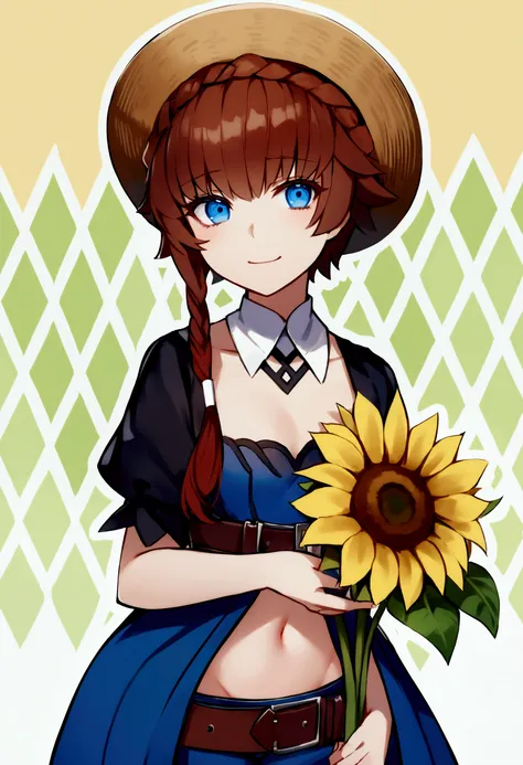 score_9, score_8_up, score_7_up, professional anime,1girl,female.solo,(Clytie Van Gogh from fate grand order),blue eyes, brown hair, side braid, braid, crown braid, straw hat, striped headwear, belt, blue overalls, navel, puffy sleeves, black sleeves, shor...