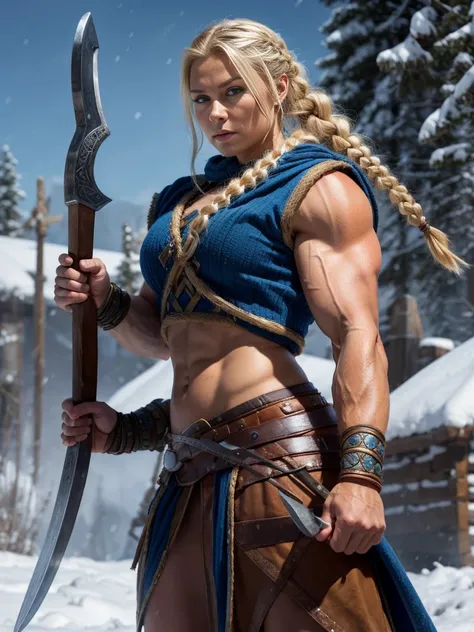 Blonde woman, braided hair, extremely tanned skin, blue eyes, skin scars, viking, viking clothing, strong, muscular, huge bulky muscle mass, serious facial expression, rpg art style, fantasy art style, on a snowy battlefield wielding an axe in her hand