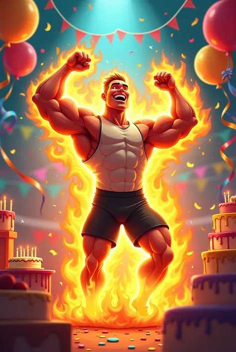 Cartoon of a sportsman flame at a birthday party 