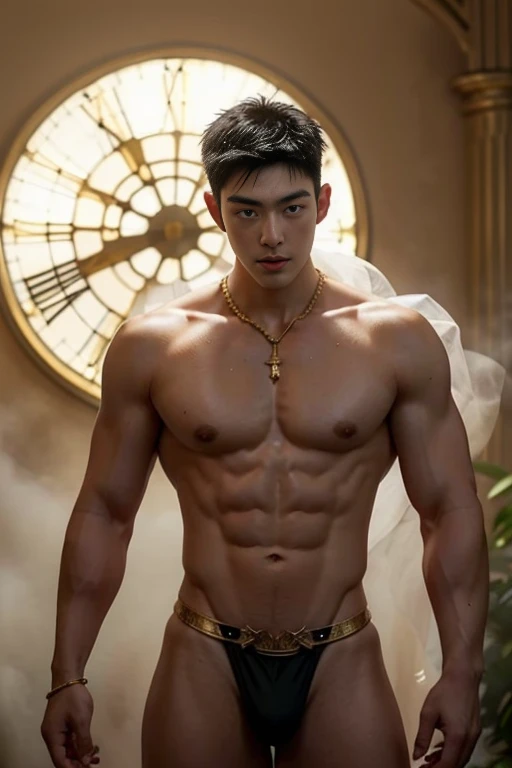 A muscular Korean man is in a wonderland, 20 yo, It wears a rich white as snow (fur layer on shoulders and back) with a very long pile, under which you can see his muscular body, The emphasis is on the male body. Above his head is a halo surrounded by a wh...