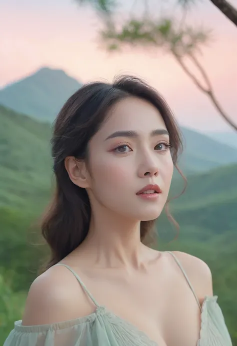 Intimate woman, nature in the background, emphasis on depth, ultra-high definition of facial expressions and surrounding elements, subtle pastel tones and elegance, 8k, 