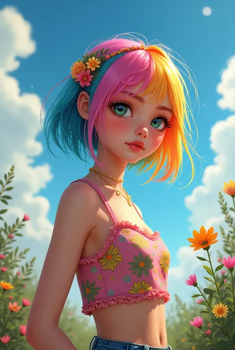 masterpiece, best quality, spring outfit, colorful hair,  outdoor,cloud ,upper body,