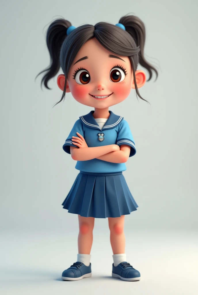 Kindergarten girl in blue uniform smiling and arms crossed looking forward
