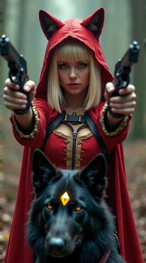 Girl 20 years old In a Little Red Riding Hood costume With wolf ears and a wolf tail Blonde hair , bob and bangs to the side In the girl&#39;s hands are pistols raised up Nearby is a black wolf with a golden stone on his forehead