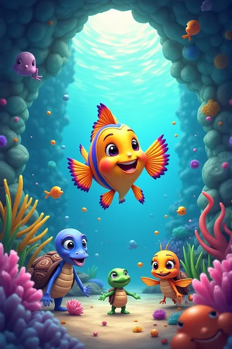 Generate an image for a story that shows a rainbow fish swimming inside a magical underwater cave. The fish is surrounded by several friends of different marine species., like a playful octopus, A curious turtle and a smiling seahorse. The scene is colorfu...