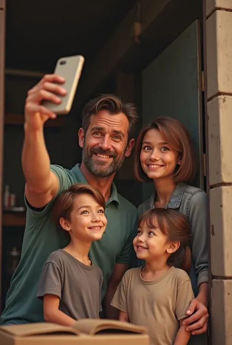 An image where a man takes a selfie while helping a poor family, so that everyone sees that he is helping someone