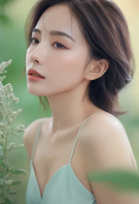 Intimate woman, nature in the background, emphasis on depth, ultra-high definition of facial expressions and surrounding elements, subtle pastel tones and elegance, 8k, 