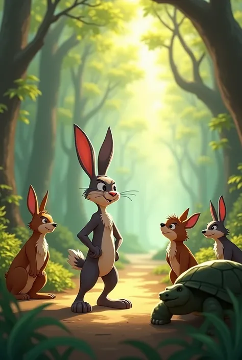 a rabbit and a tutleScene 1: The Challenge (Forest animals are gathered. Rabbit is boasting about his speed.) Rabbit: (Proudly) Look at me! I’m the fastest animal in the forest. No one can beat me in a race!