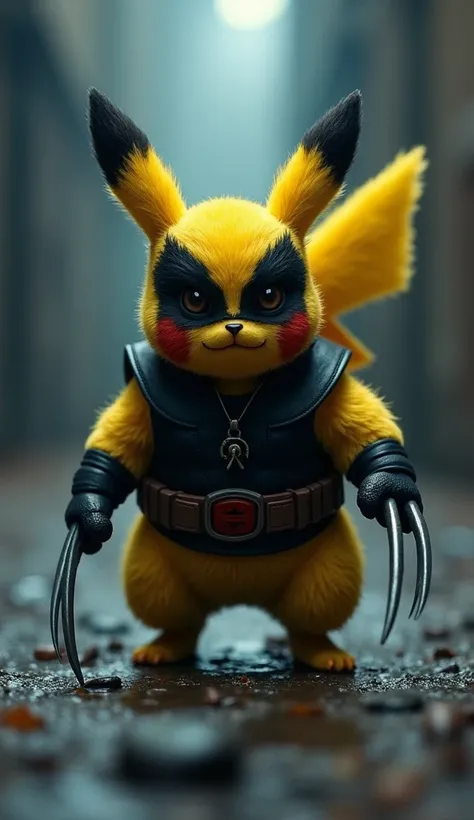 8k, high resolution, ultra detailed, solo, (Pikachu wearing Wolverine top and mask), claws, whip, short body, late night, jump, dwarf,