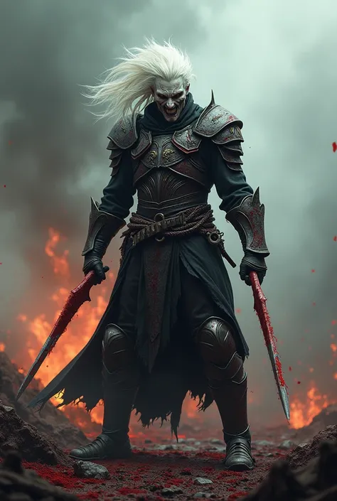 (photoralism:1.2), Very detailed, Ultra-high resolution, High Contrast, masterpiece, Hellish battlefield scene, full face mask, man, scary armor, fighting pose, white hair, white skin, bloody, holding hellish knives, scary, no horns