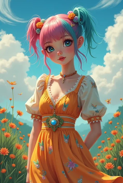 masterpiece, best quality, spring outfit, colorful hair,  outdoor,cloud ,upper body,