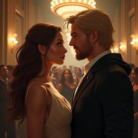 Magnus, a tall, burly man with blond hair and green eyes, Without Beard, confidently approaches Emily, a woman with brown hair and brown eyes. They are in an elegant setting with a crowd watching, while the tension and emotion between them is palpable. Sof...