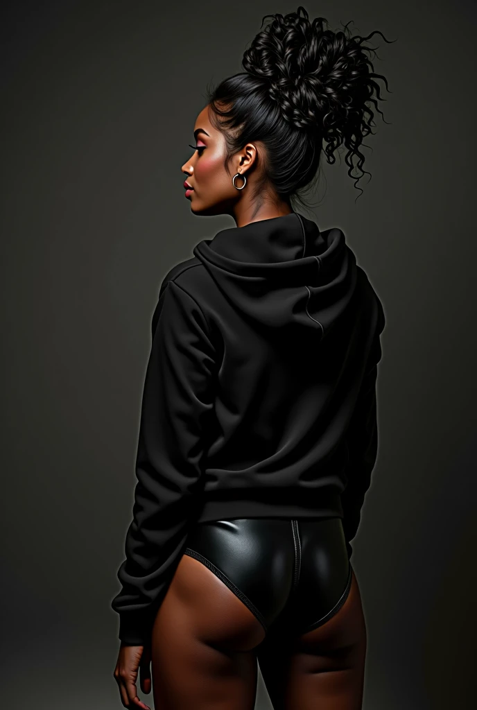 a black woman with hair in a bun, wearing a black hoodie and black leather shorts, being penetrated anally by an older woman in a dress, intricate details, high resolution, photorealistic, dramatic lighting, cinematic composition, intense shadows, hyper de...