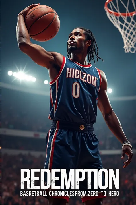 A novel format picture cover for NBA basketball story. Mc is a male, with braided hair, brown skin and hes handsome but retains a cold intensity. (Either he is holding a basketball and standing, or  he is about to perform a spectacular slam dunk. Anyone th...