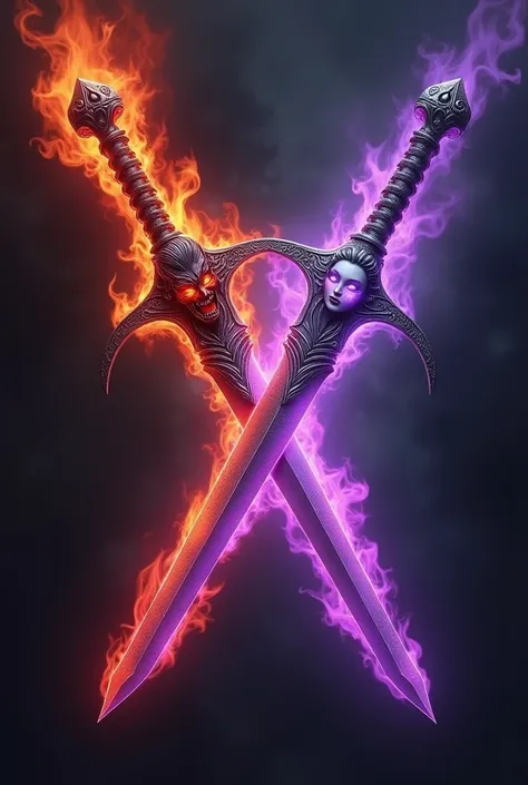 Spawns two small daggers that are crossed with each other, One that is surrounded by a red flame and has a hellish design with the face of a demon and the other by a purple flame that is made of silver and has the face of a woman. 