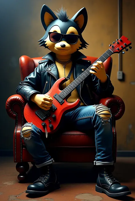 Boris from the ink machine sits on a chair holding an electric guitar in rocker clothes and cool glasses