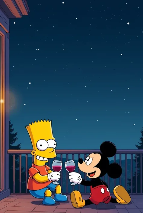 Two famous people(bart simpson y mickey mouse) Drinking wine on a balcony at a starry night,chill music 