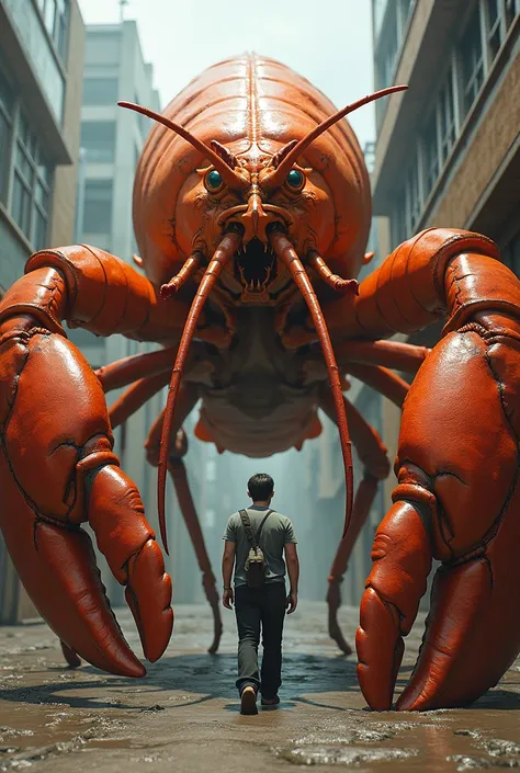 a 2 meter lobster on the left side of a realistic person