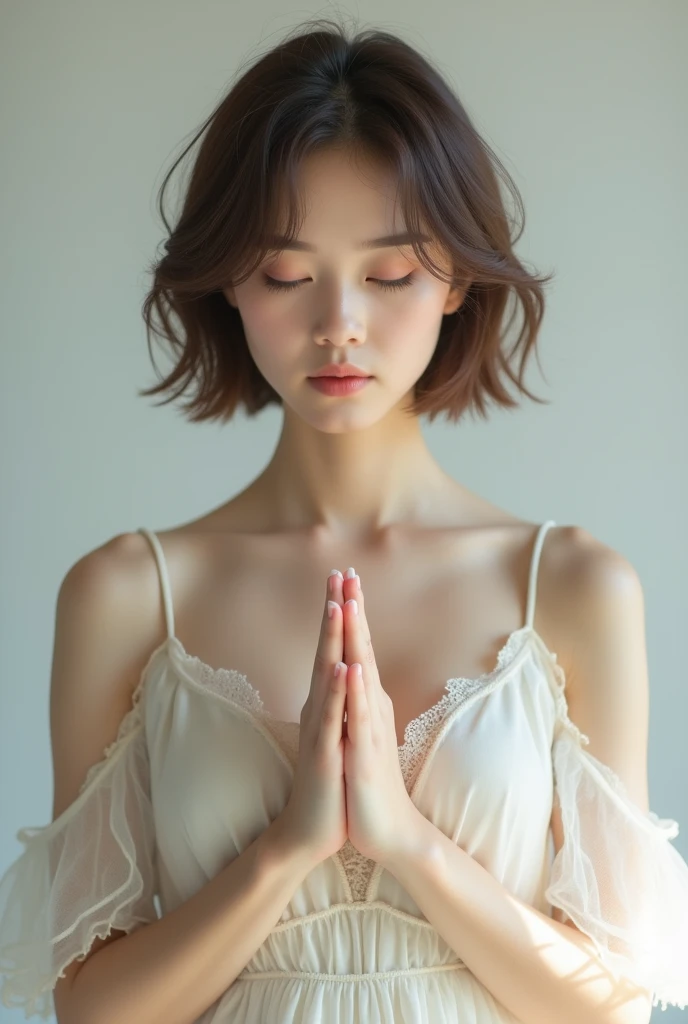 Asian Beauty、Half Japanese and half Korean、Japan woman at 2、Brown Hair、Short Hair、White frilly dress、Prayer Pose