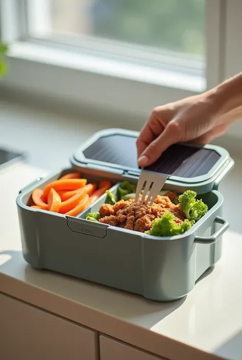 make an electric thermal lunch box that uses a solar panel attached to its lid as an energy source, Its exterior must be made of plastic and it must be of medium size. 