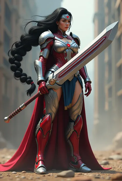 (((Iron Man Armor))),(((red and blue))),(((Rampuzel hair))),(((Long black hair in braid 25 feet long))),Long red boots up to her knees. Silver metal headband bracelets with a red star on her forehead. (((Iron Man Armor))),(((Wonder Woman emblem on her ches...