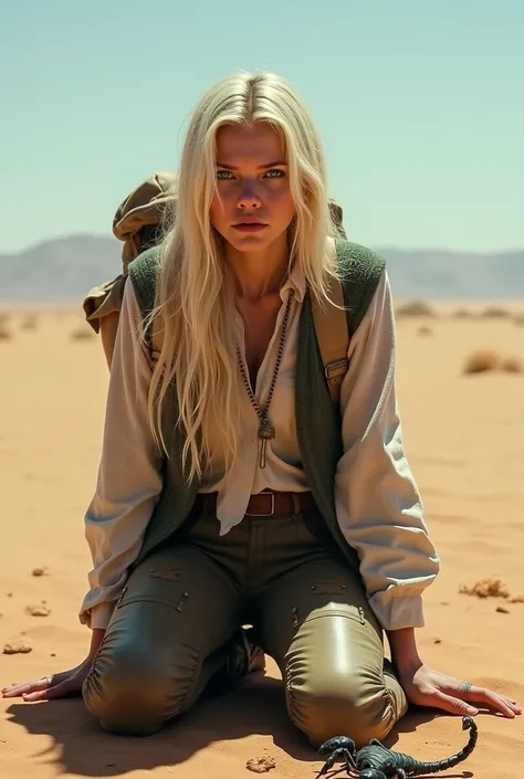 ultra image of a woman with long platinum blonde hair , dirty clothes, sapphire blue eyes, pale skin, wearing leather pants, and white shirt, and wears a short dark green knitted vest over his shirt, and wears boots on his feet. she is kneeling on her knee...