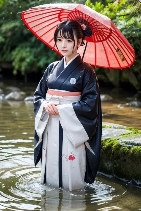 1 person、Real、Wet、Hakama、Japanese、kimono、Women、、Long-sleeved kimono、long hakama、soaking wet、Hakama、whole body、tabi、Hakama with wet texture、Water play Bathing、rain、river、Clothes that stick to the skin、floral kimono、cloth that absorbs water、sit