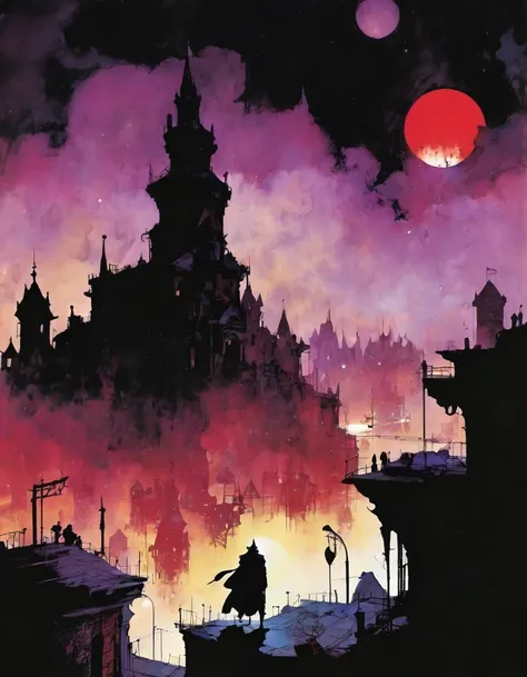 city of blood, night, magic, fantasy, stars, moon, art inspired by mike Mignola and Bill Sienkiewicz