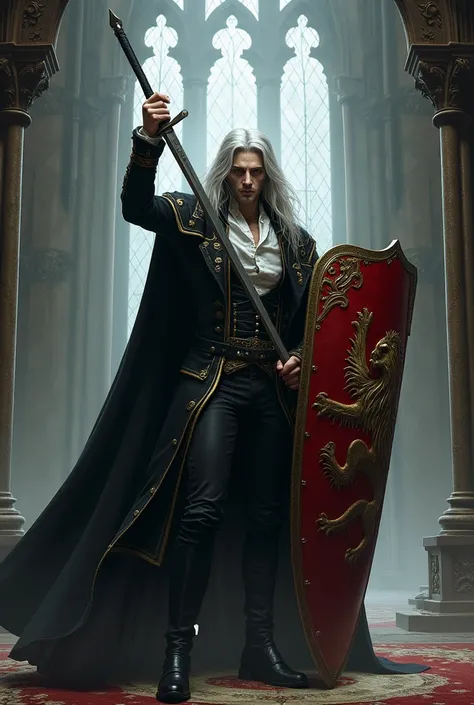 Make Alucard from Castlevania with long silver hair, pale and serious face, 18th century black colonial coat with gold stitching and long collar, white 18th century colonial shirt white, 18th century black colonial trousers and 18th century black colonial ...