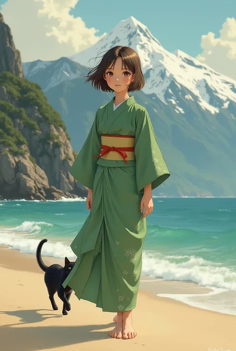 ((high quality)), ((masterpiece)), (detailed), (original), (realist), girl with short brown hair, soft light brown eyes, She is wearing a green kimono, behind her are mountains and the ocean, She stands barefoot on the sand, There is a black cat running be...