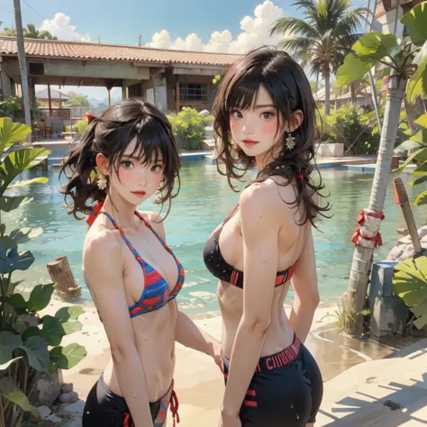 ((highest quality, masterpiece, High resolution)), ((reality)),Photos of beautiful Japanese women,((anime art))、 (((1 girl))), normal size breasts, slim body shape, long ponytail,double eyelid, micro bikini,Clean abs,muscular body, A pareo with bold ethnic...