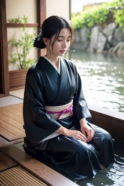 1 person、Real、Wet、Hakama、Japanese、kimono、Women、、Long-sleeved kimono、long hakama、soaking wet、Hakama、whole body、tabi、Hakama with wet texture、Water play Bathing、rain、river、Clothes that stick to the skin、floral kimono、cloth that absorbs water、sit