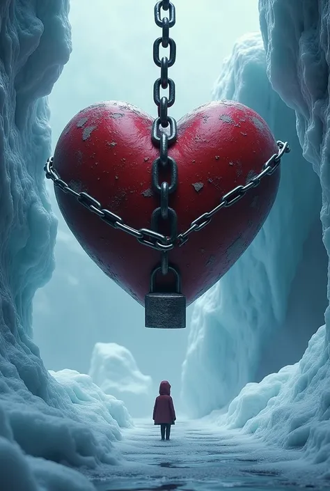 intricate detailed heart chained in ice, chained to an icy background, small person standing beneath, chains, lock, iceberg, icy environment, dramatic lighting, high contrast, photorealistic, cinematic, moody, emotive, melancholic, (best quality,8k,highres...