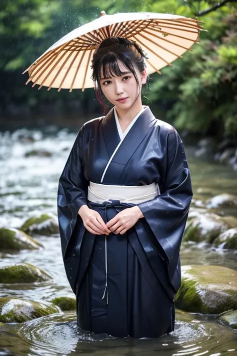 1 person、Real、Wet、Hakama、Japanese、kimono、Women、、Long-sleeved kimono、long hakama、soaking wet、Hakama、whole body、tabi、Hakama with wet texture、Water play Bathing、rain、river、Clothes that stick to the skin、floral kimono、cloth that absorbs water、sit