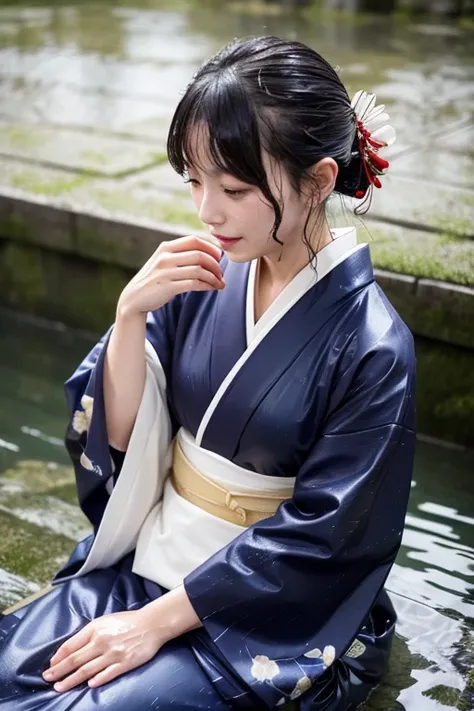 1 person、Real、Wet、Hakama、Japanese、kimono、Women、、Long-sleeved kimono、long hakama、soaking wet、Hakama、whole body、tabi、Hakama with wet texture、Water play Bathing、rain、river、Clothes that stick to the skin、floral kimono、cloth that absorbs water、sit