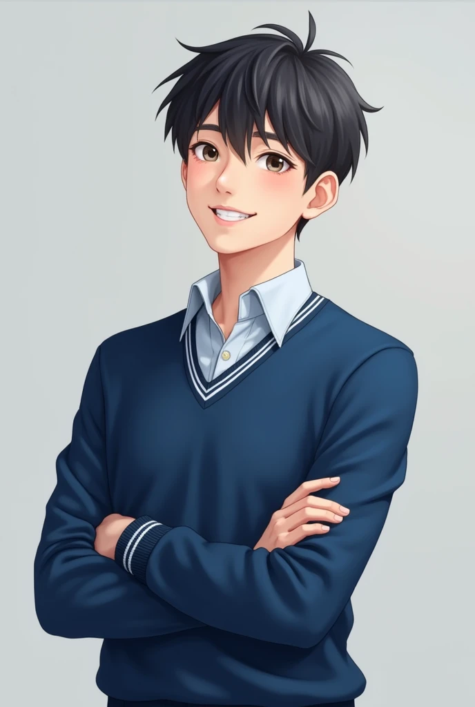  teenager with a blue school uniform looking to the side and up smiling and with his arms crossed and to the side, 
I want an image of a real person and nothing animated
